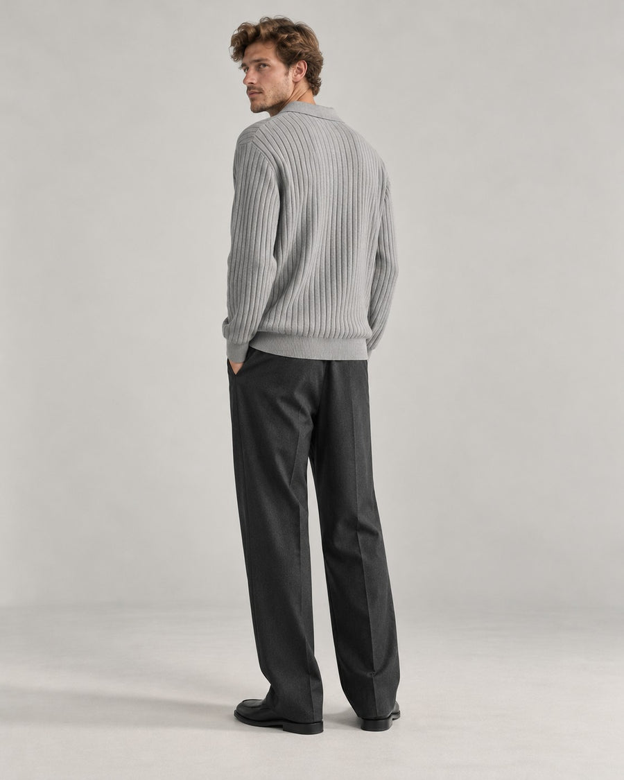 Sableau Ribbed Long-Sleeve Knit Polo in Light Grey