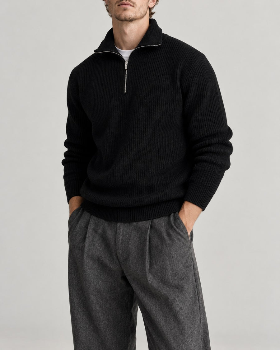 Sableau Ribbed Quarter-Zip Knit in Black