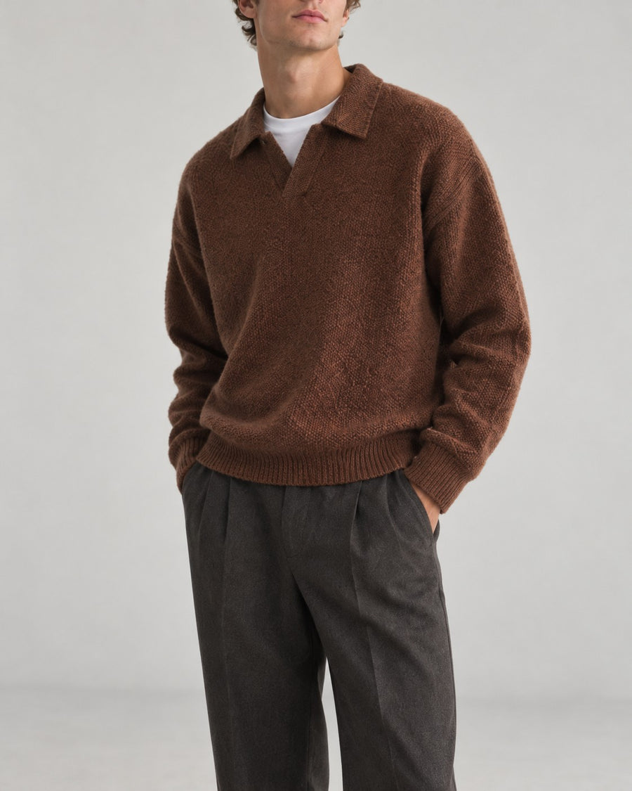 Sableau Open-Collar Knit Polo in Brown
