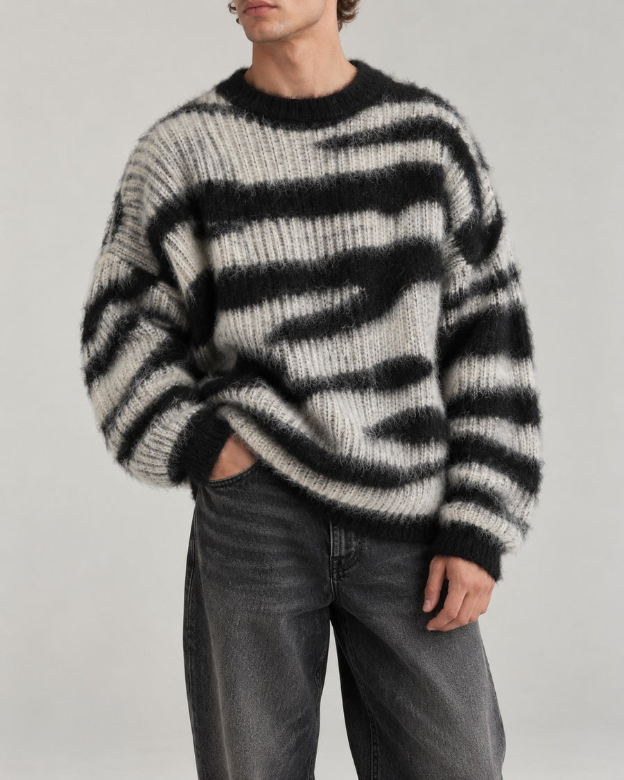 Sableau Zebra-Stripe Mohair-Look Crew in Black Stripe