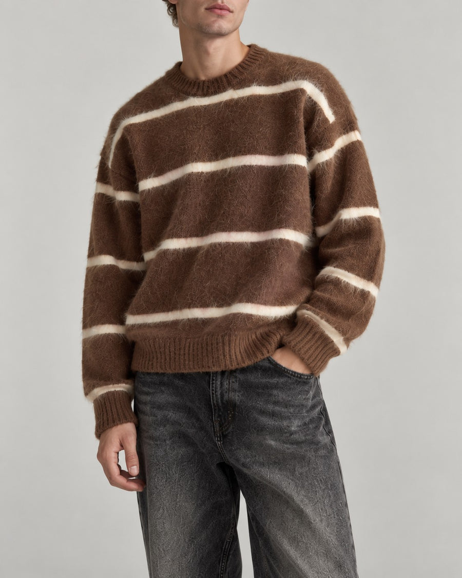 Sableau Striped Mohair-Look Crew in Brown