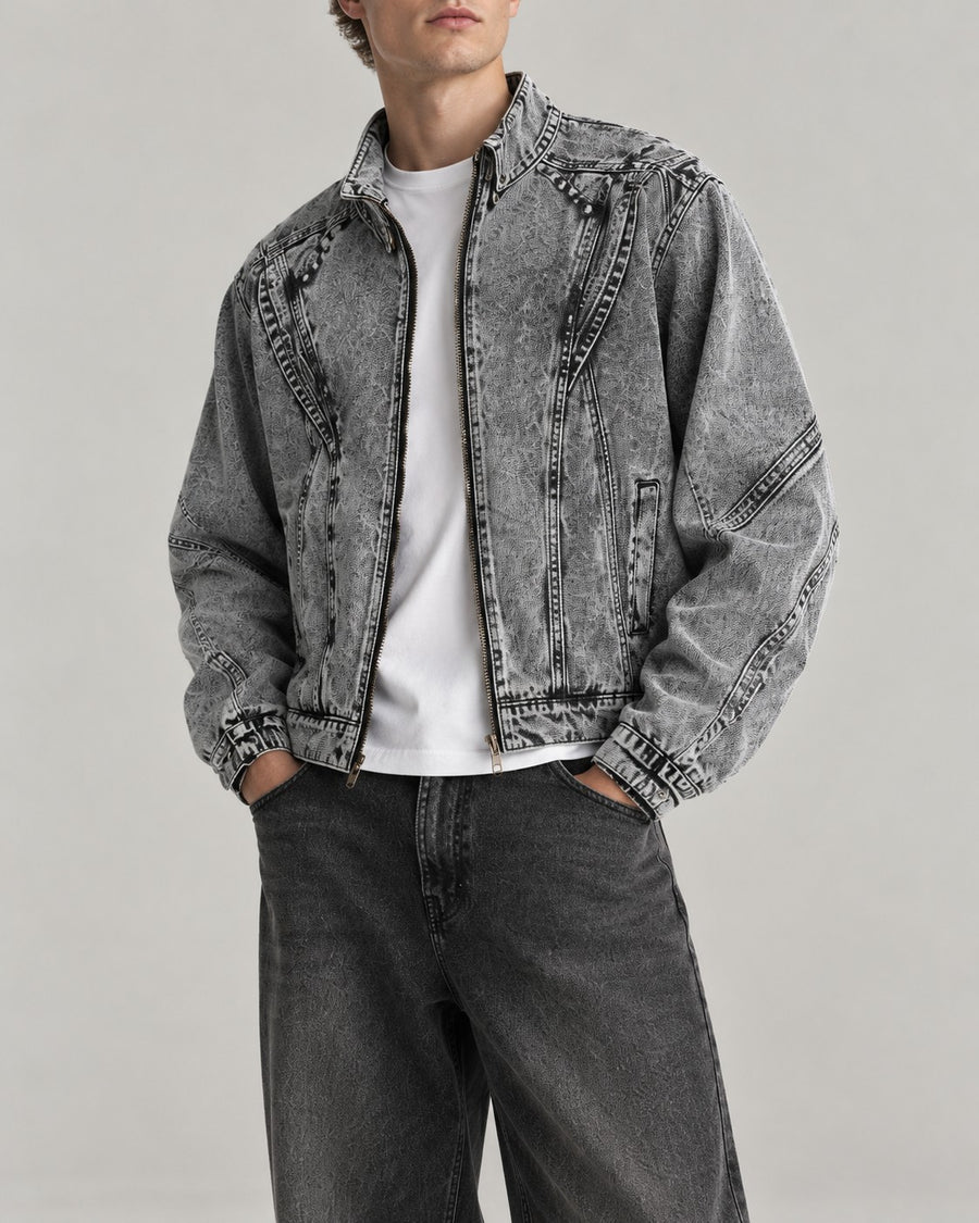Sableau Acid-Wash Denim Zip Jacket in Grey