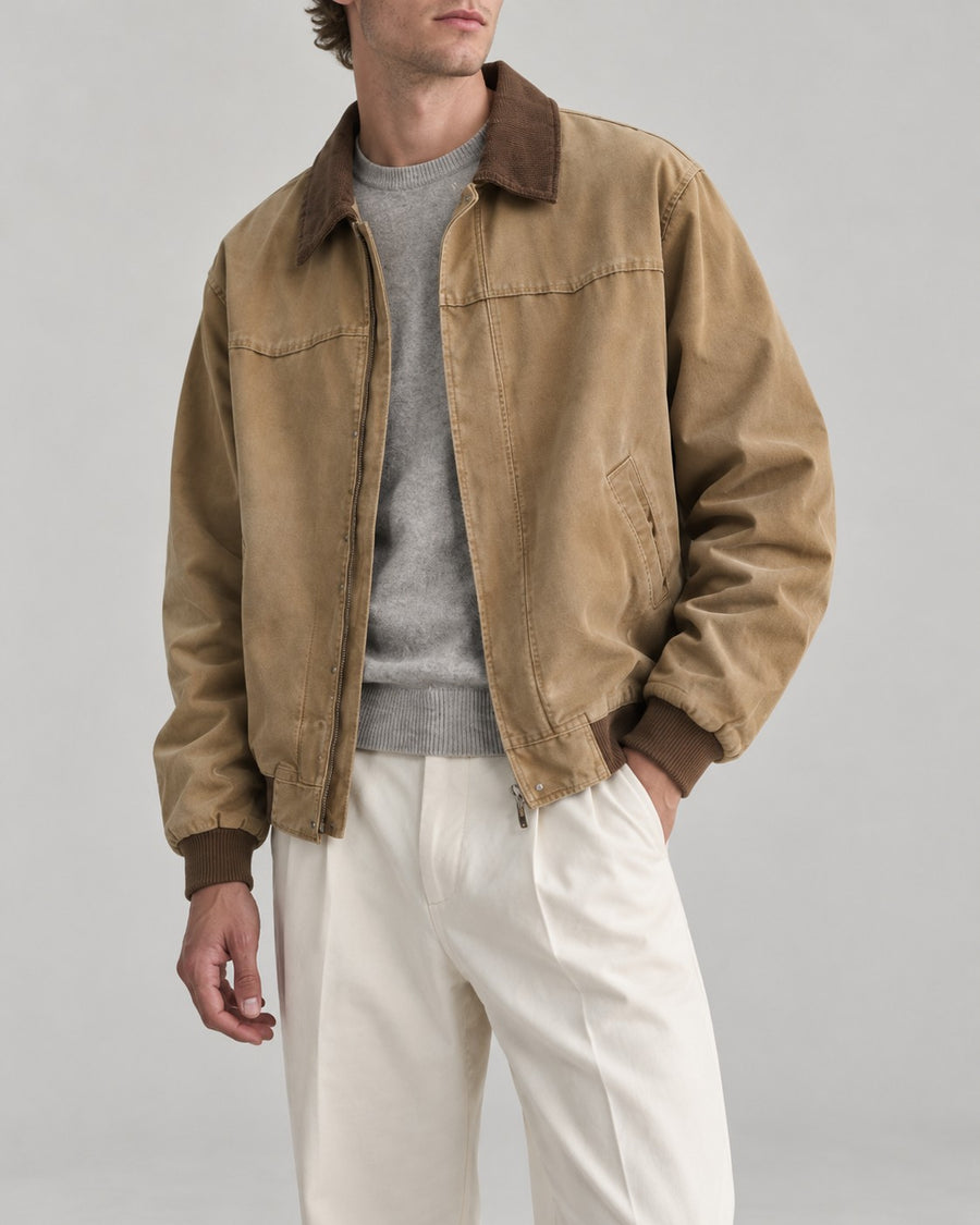 Sableau Corduroy-Collar Work Jacket in Khaki