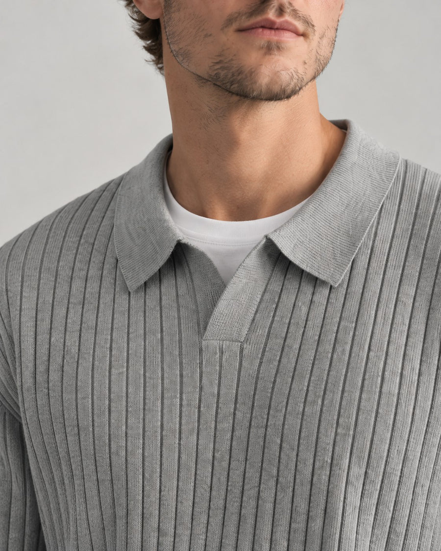 Sableau Ribbed Long-Sleeve Knit Polo in Light Grey