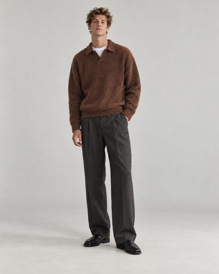 Sableau Open-Collar Knit Polo in Brown