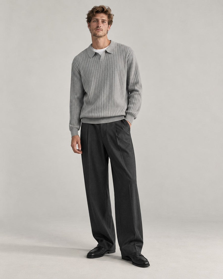 Sableau Ribbed Long-Sleeve Knit Polo in Light Grey