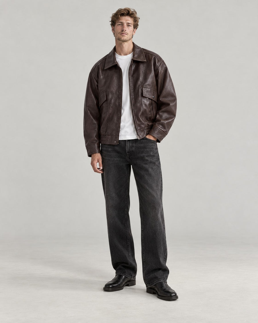 Sableau Oversized Leather-Look Jacket in Coffee