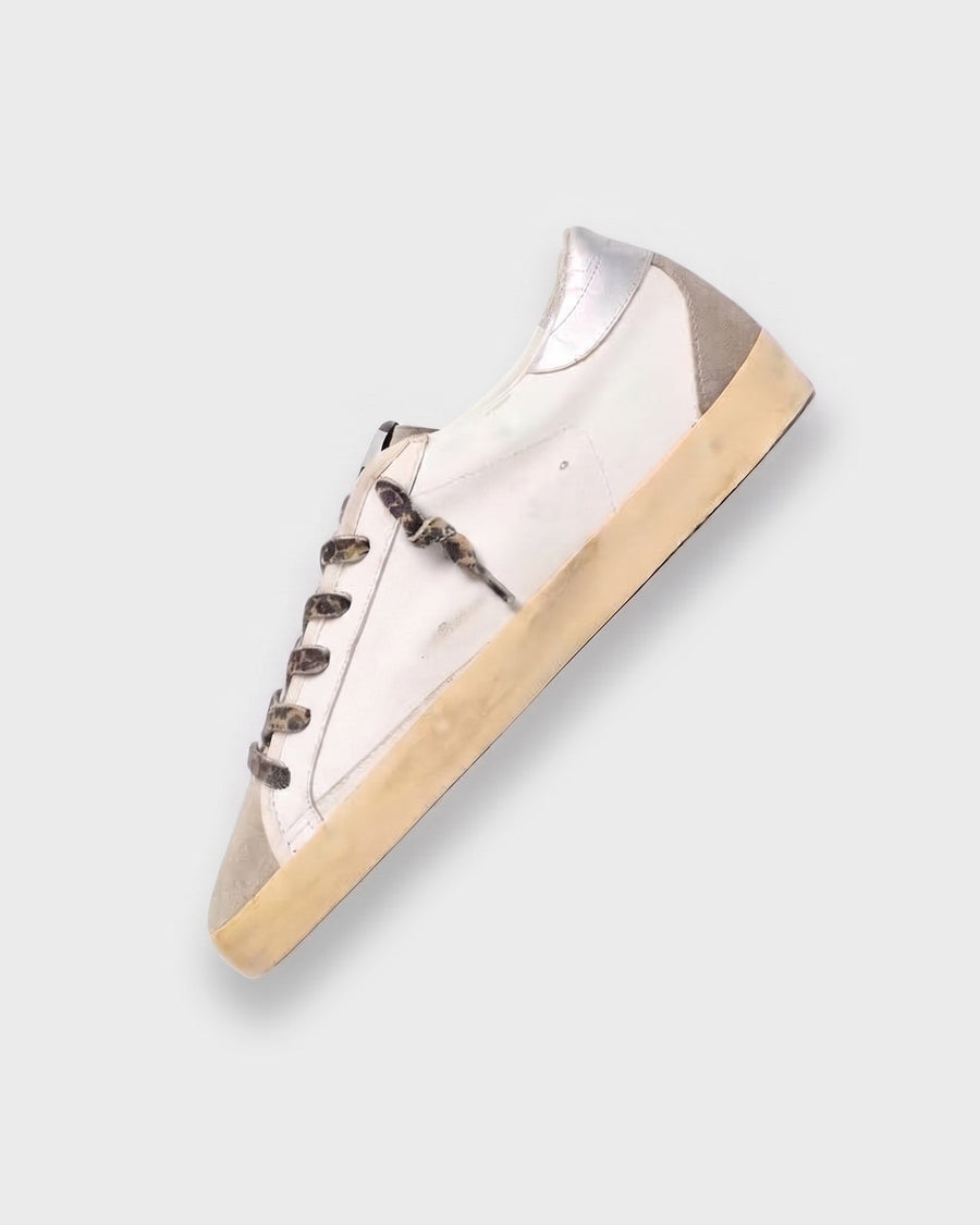 Sableau Glitter Star Sneakers in Burgundy — white leather, silver heel tab, burgundy glitter star
