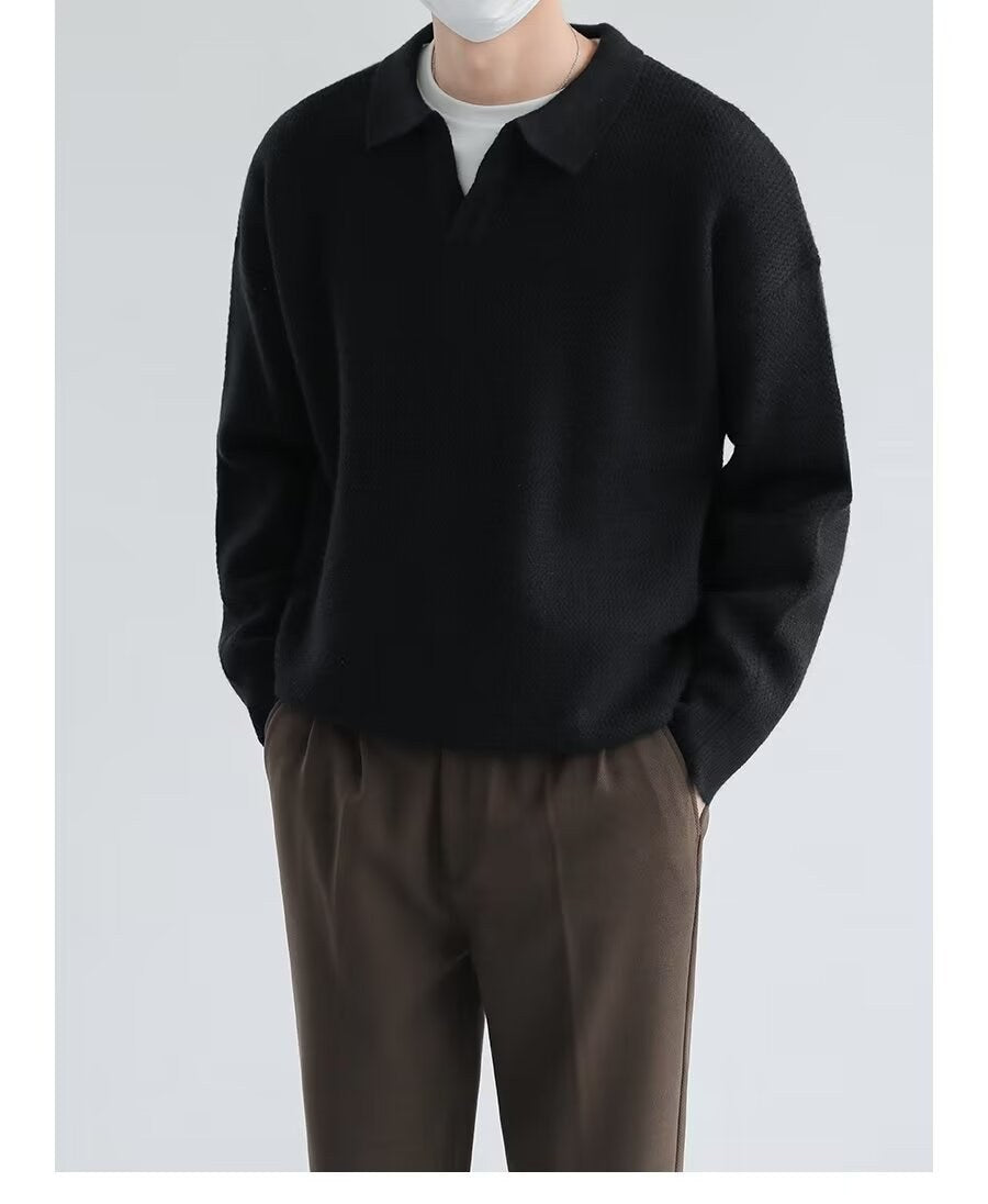 Sableau Open-Collar Knit Polo in Black