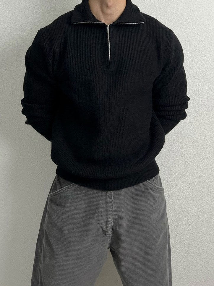 Sableau Ribbed Quarter-Zip Knit in Black