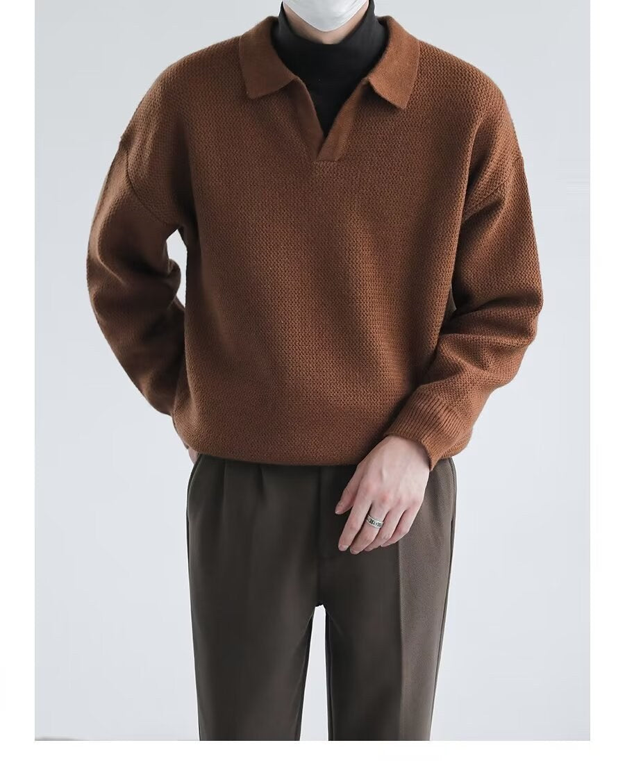 Sableau Open-Collar Knit Polo in Brown