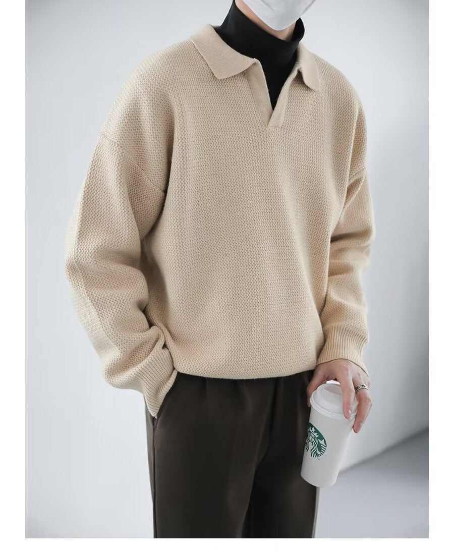 Sableau Open-Collar Knit Polo in Cream