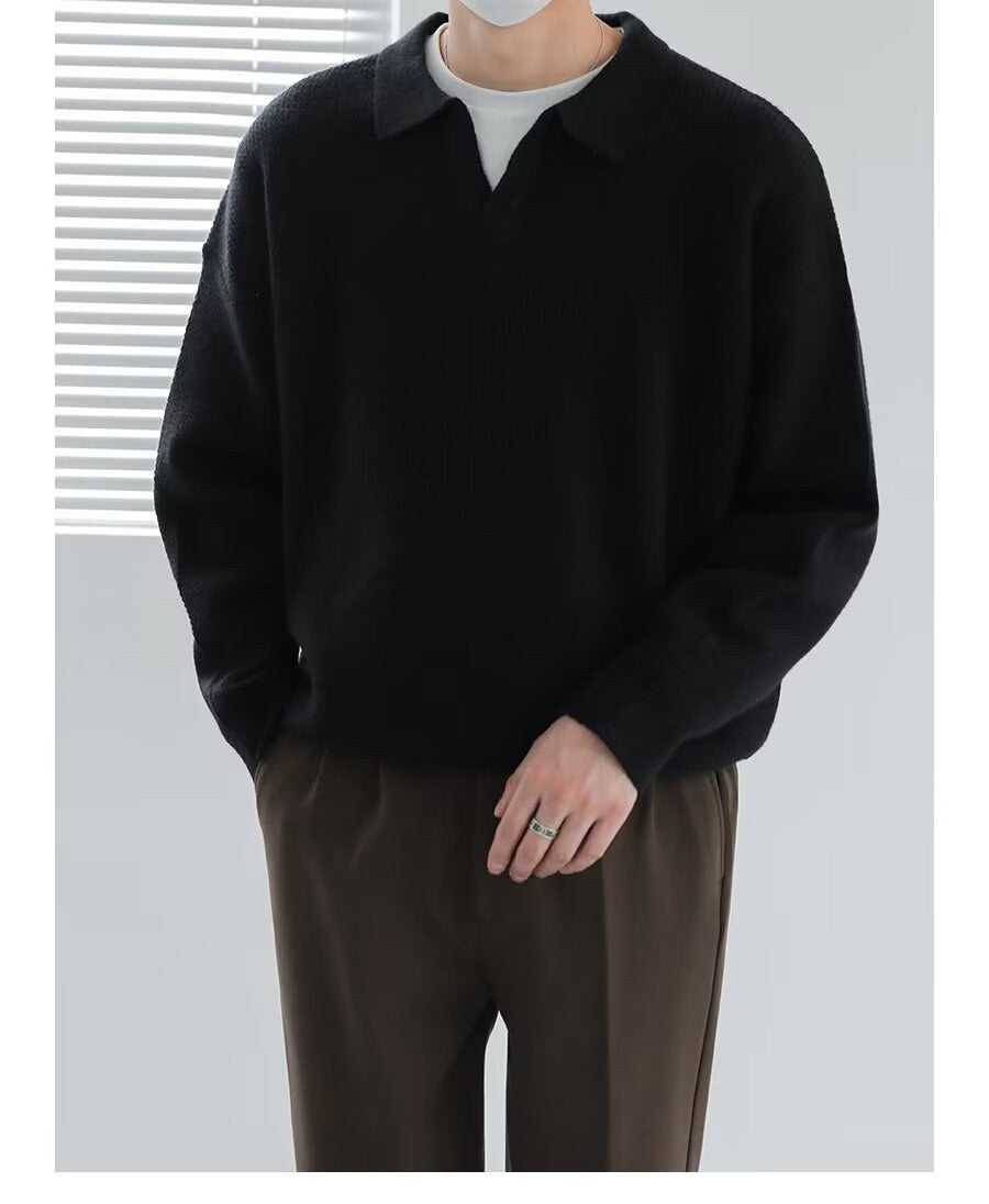 Sableau Open-Collar Knit Polo in Black