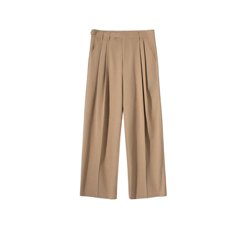 Sableau Buckle-Tab Pleated Trousers in Beige