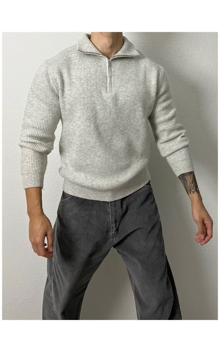 Sableau Ribbed Quarter-Zip Knit in Light Grey