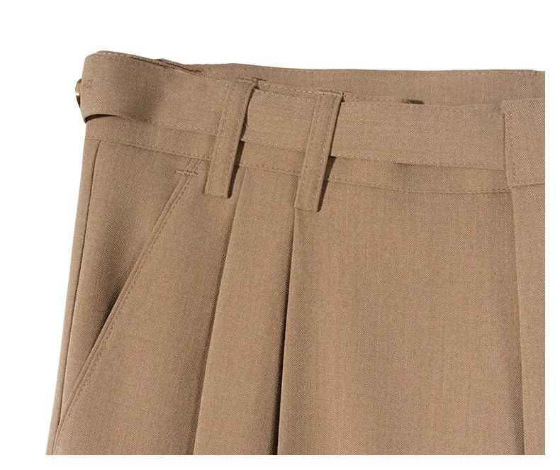 Sableau Buckle-Tab Pleated Trousers in Beige