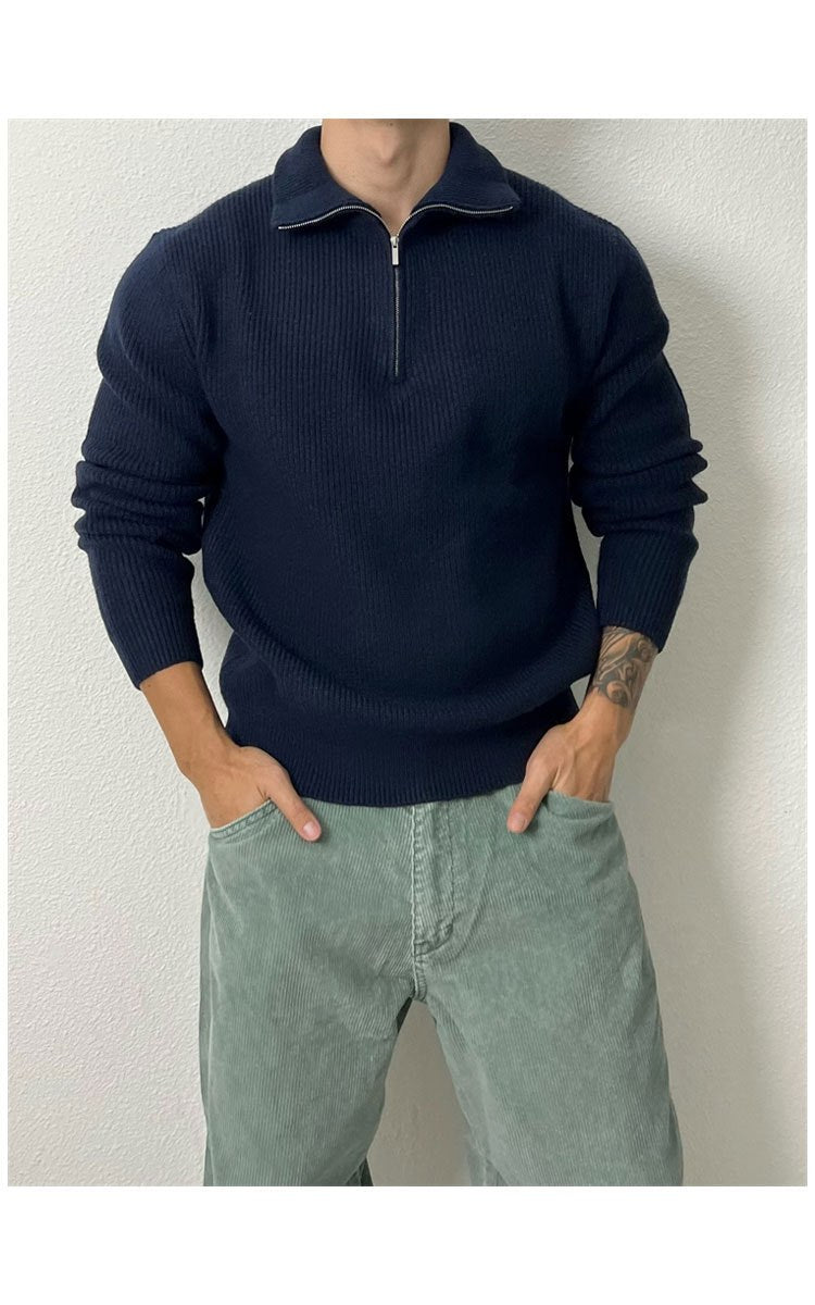Sableau Ribbed Quarter-Zip Knit in Navy