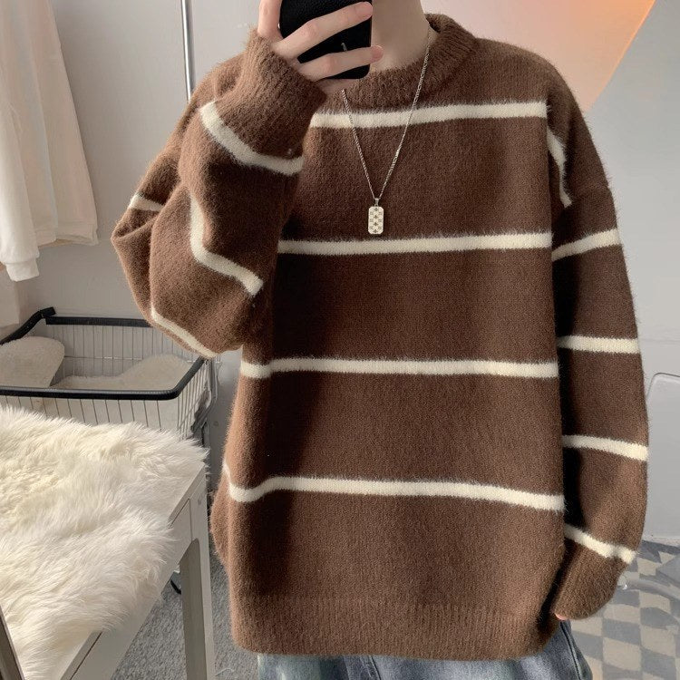 Sableau Striped Mohair-Look Crew in Brown