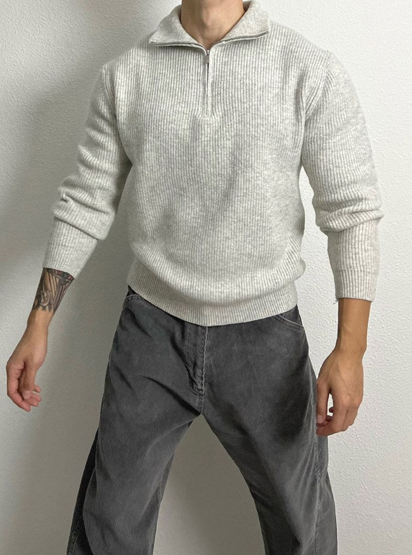 Sableau Ribbed Quarter-Zip Knit in Light Grey