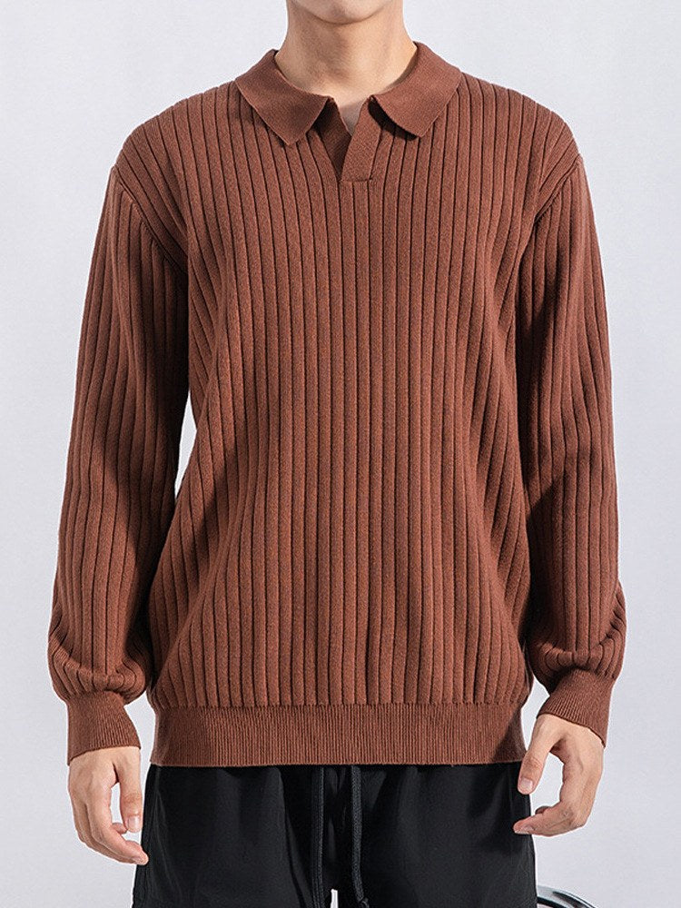 Sableau Ribbed Long-Sleeve Knit Polo in Coffee
