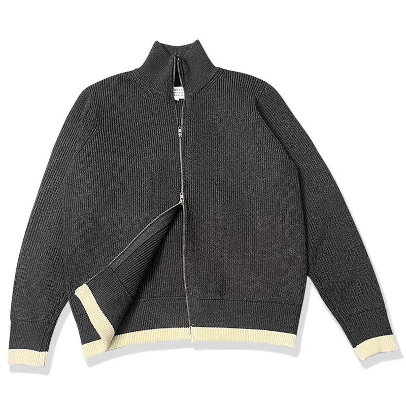 Sableau Contrast-Trim Zip Knit Jacket in Charcoal
