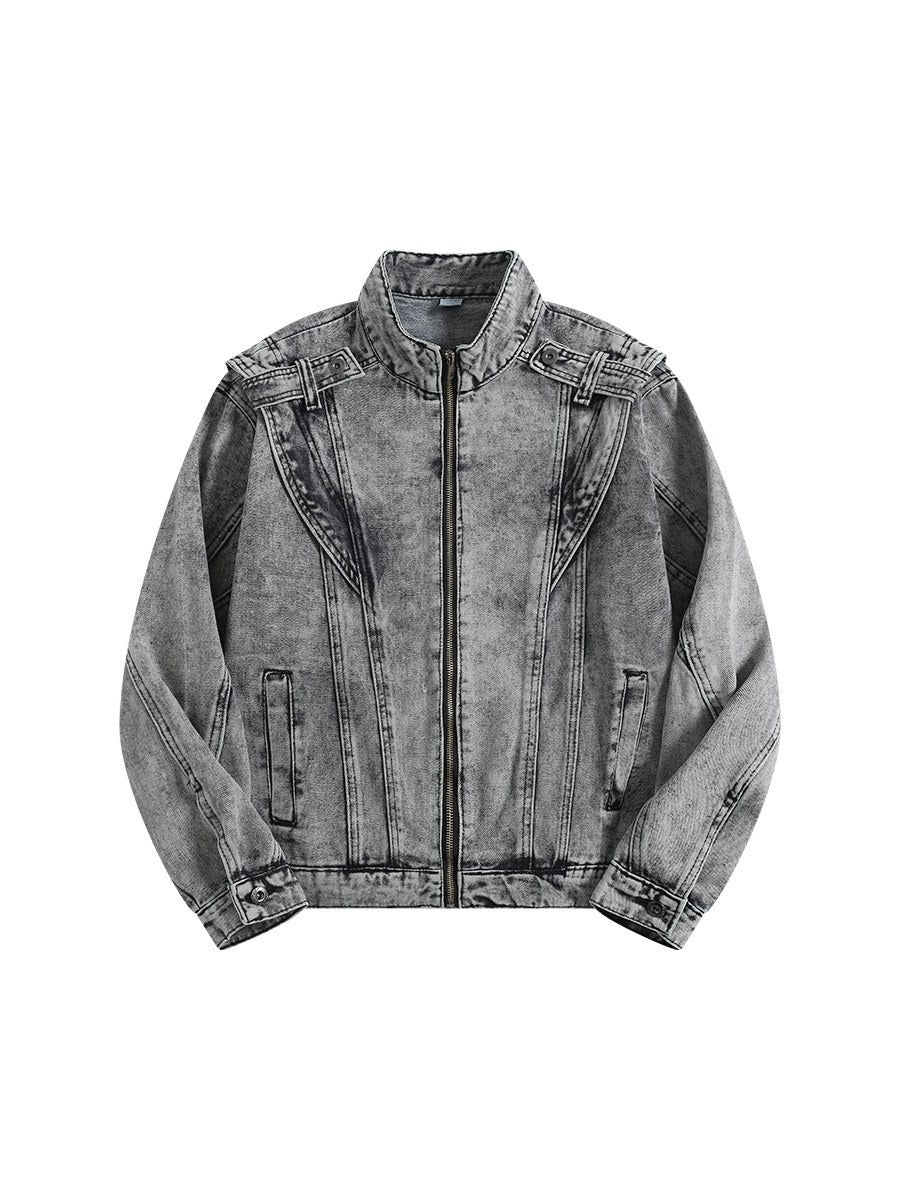 Sableau Acid-Wash Denim Zip Jacket in Grey