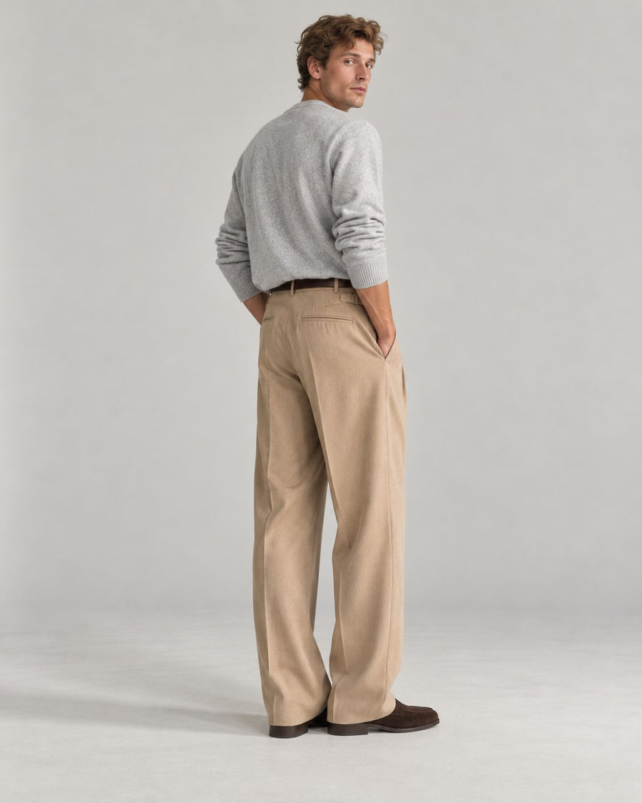Sableau Buckle-Tab Pleated Trousers in Beige