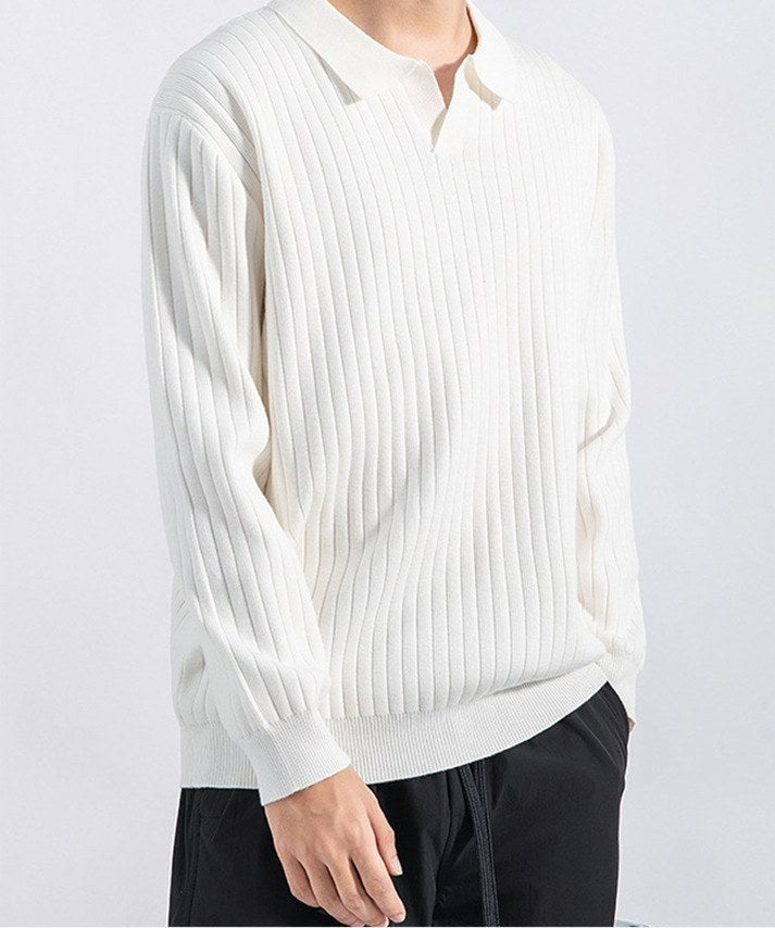 Sableau Ribbed Long-Sleeve Knit Polo in White
