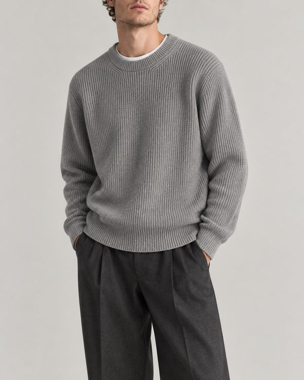 Sableau Ribbed Cotton Crew Knit in Grey
