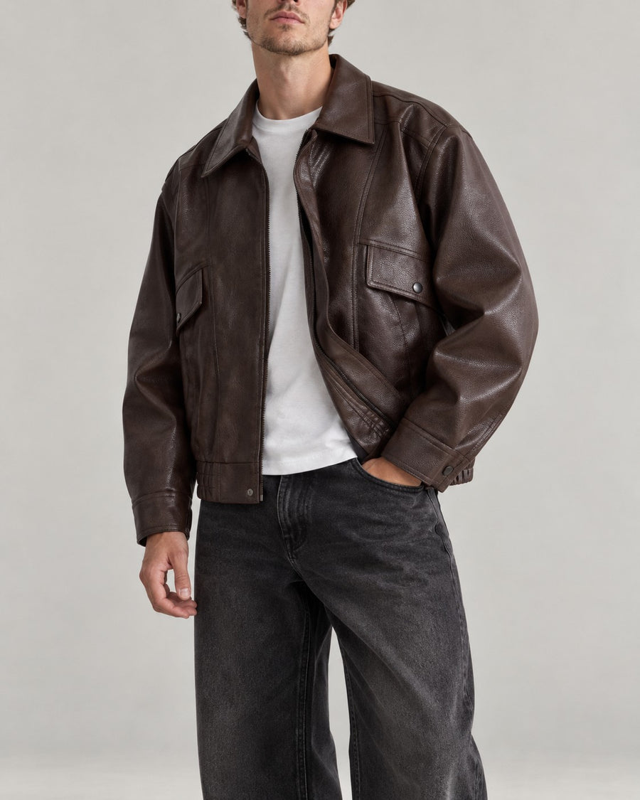 Sableau Oversized Leather-Look Jacket in Coffee