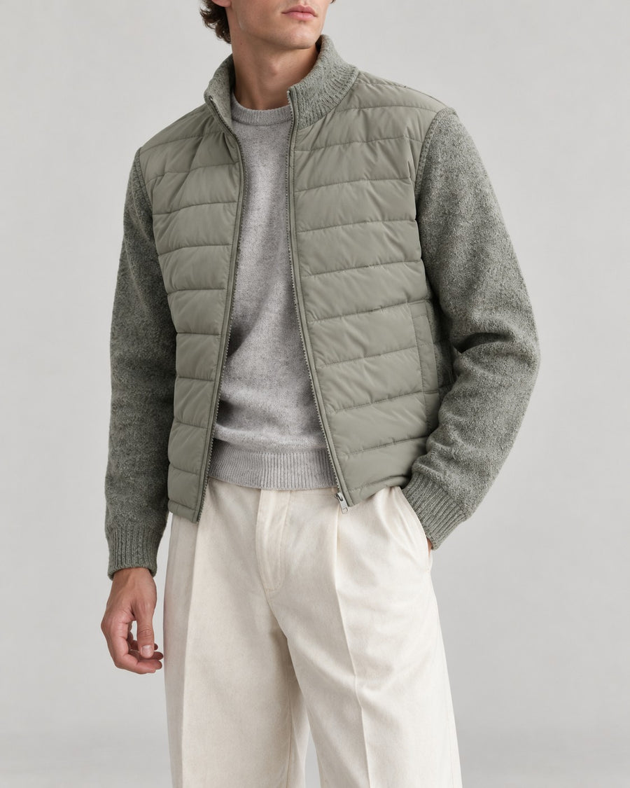 Sableau Knit-Sleeve Quilted Jacket in Green