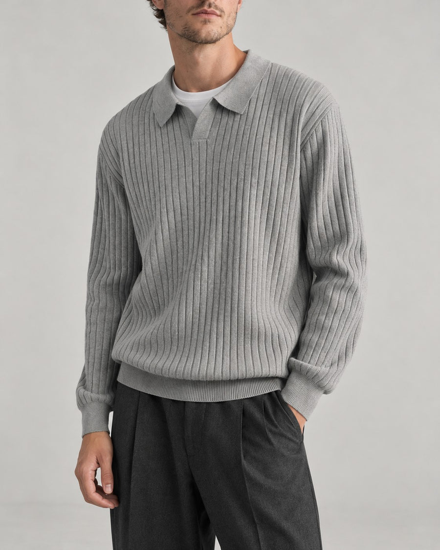 Sableau Ribbed Long-Sleeve Knit Polo in Light Grey