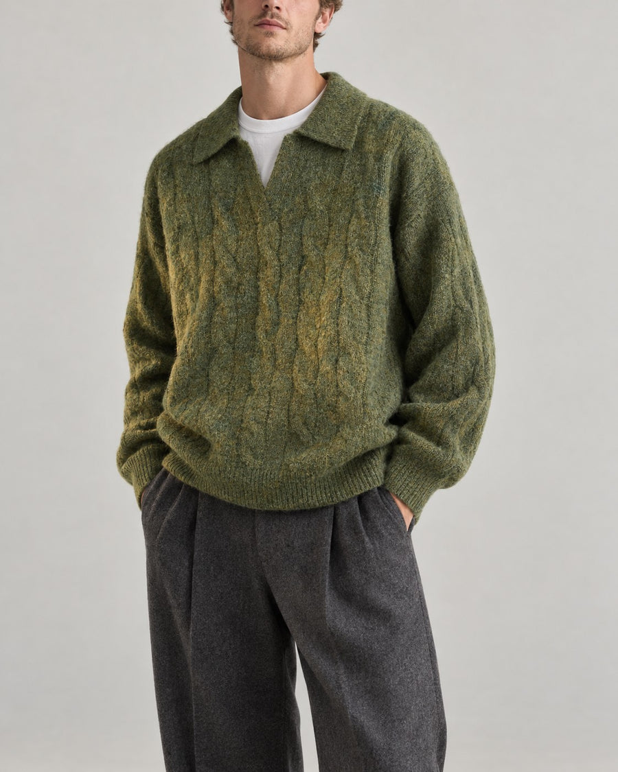 Sableau Washed Cable Knit Polo in Green