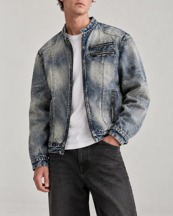Sableau Washed Denim Moto Jacket in Blue