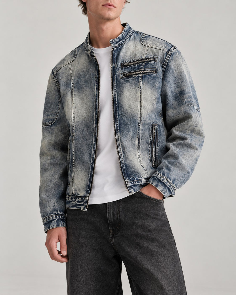 Sableau Washed Denim Moto Jacket in Blue
