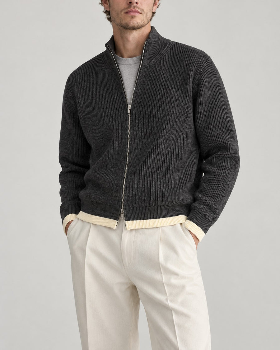 Sableau Contrast-Trim Zip Knit Jacket in Charcoal