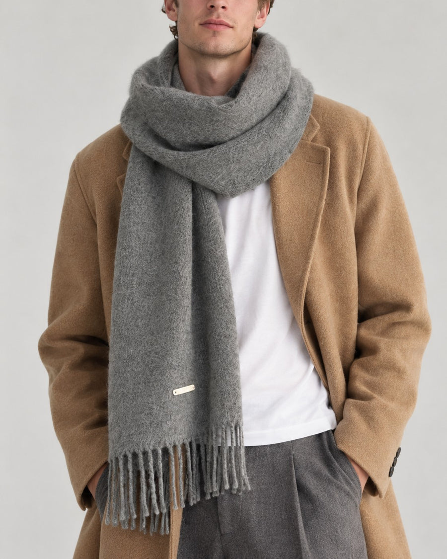 Sableau Fringed Wool-Blend Scarf in Grey