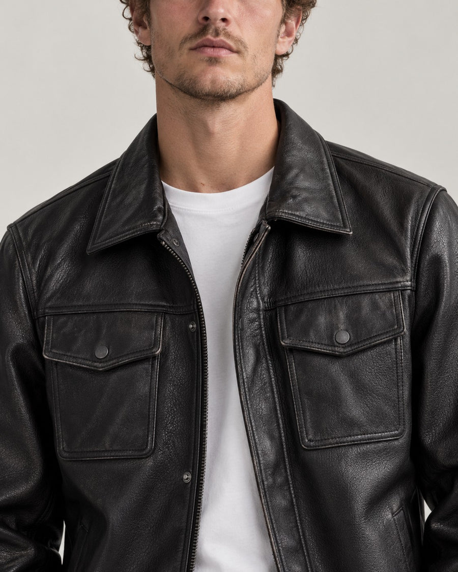 Sableau Leather Shirt Jacket in Black
