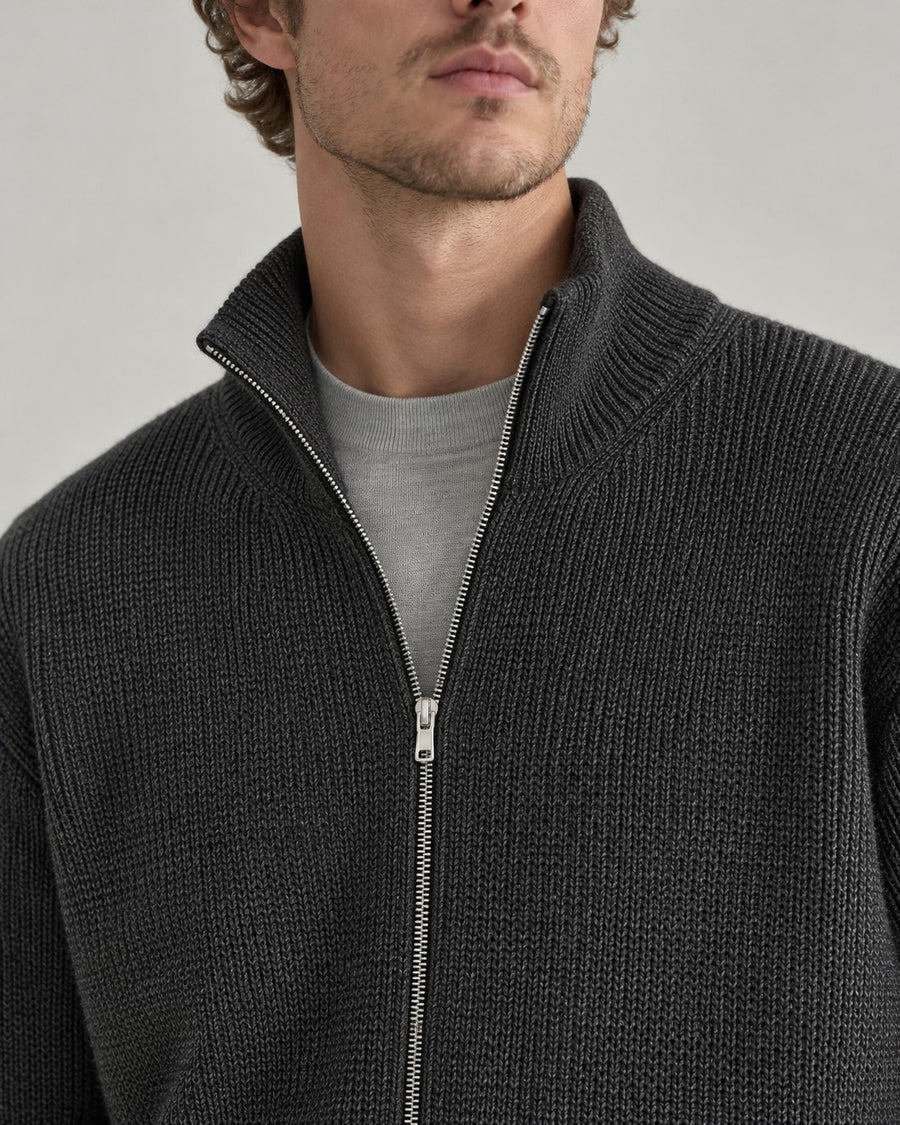Sableau Contrast-Trim Zip Knit Jacket in Charcoal