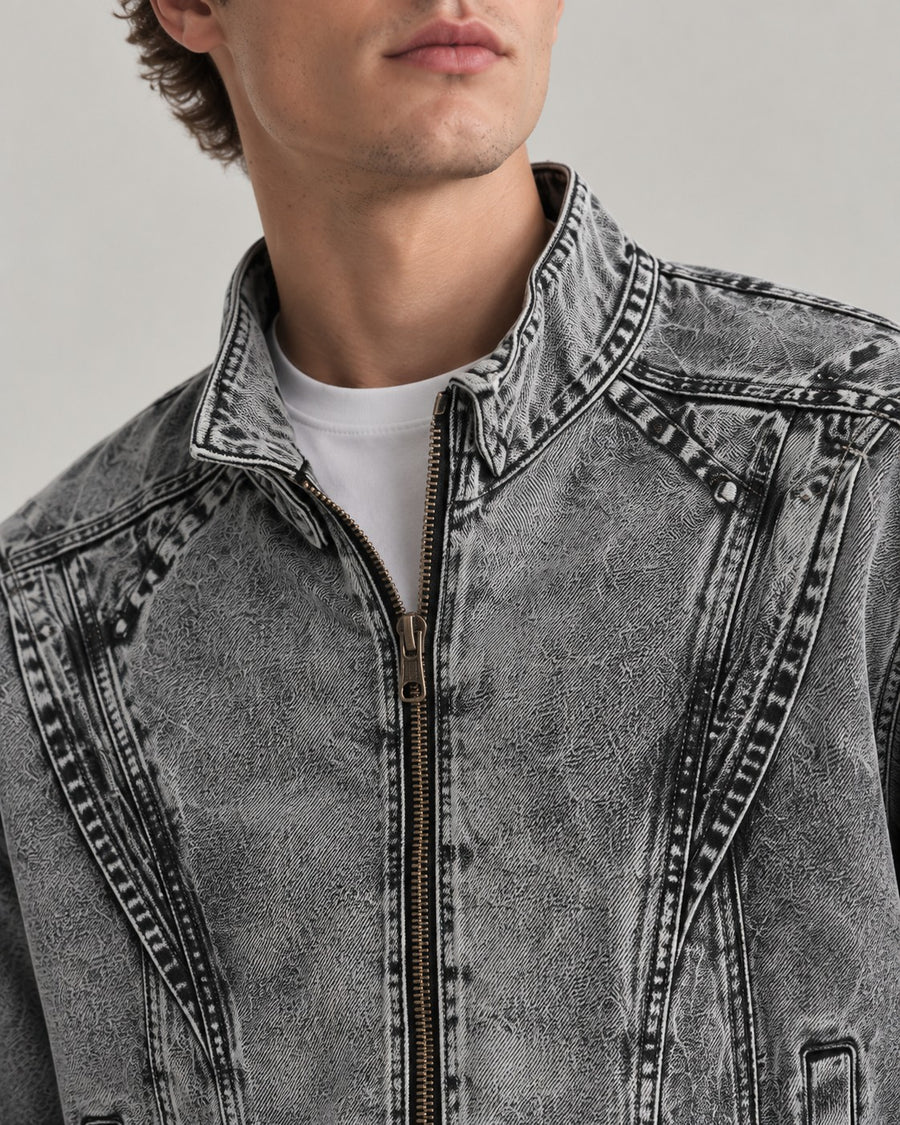 Sableau Acid-Wash Denim Zip Jacket in Grey