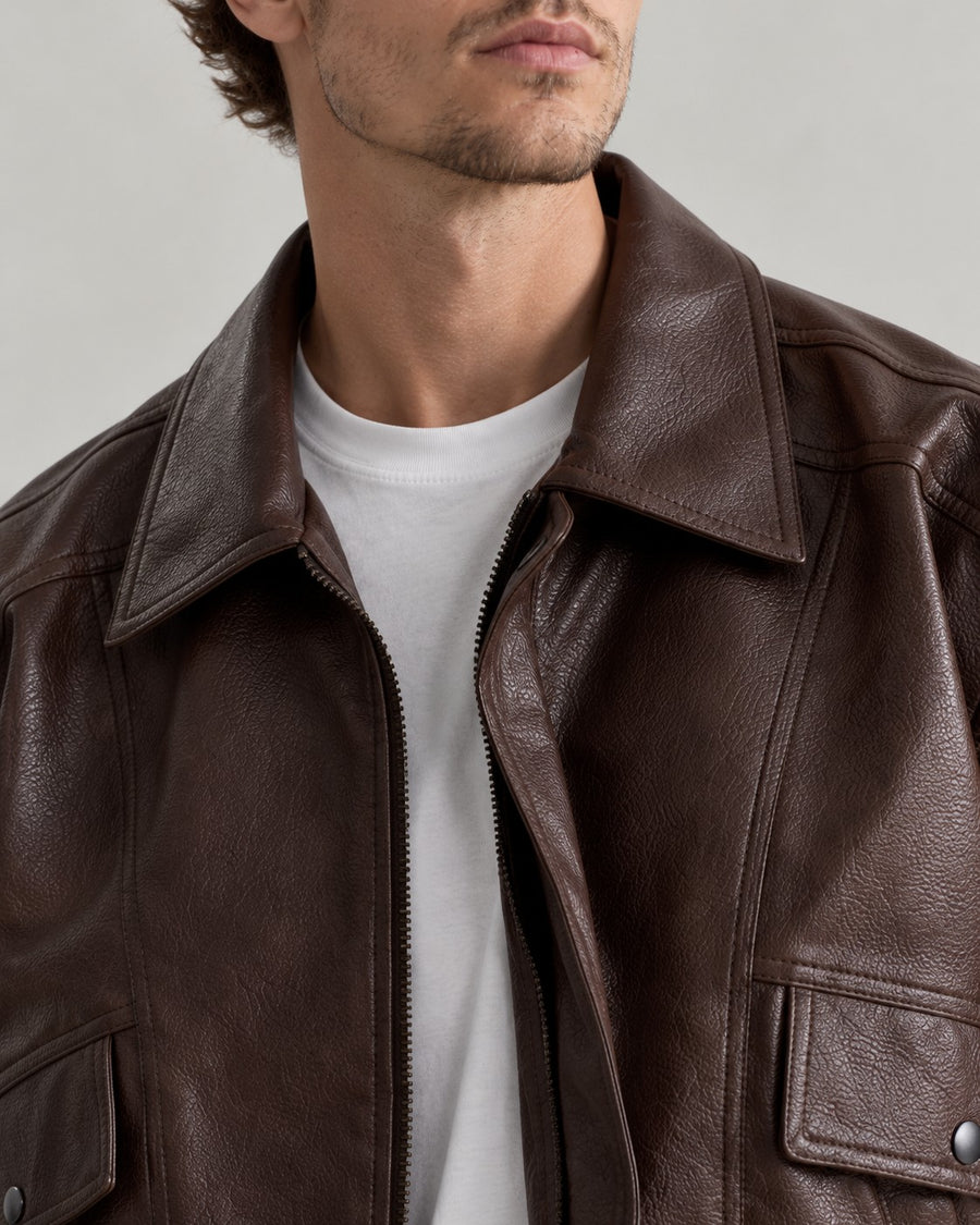 Sableau Oversized Leather-Look Jacket in Coffee