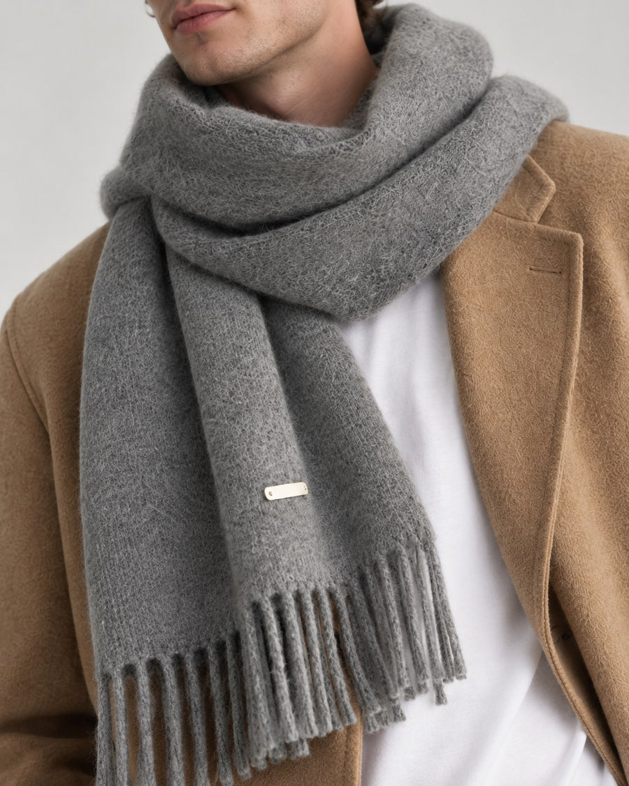 Sableau Fringed Wool-Blend Scarf in Grey