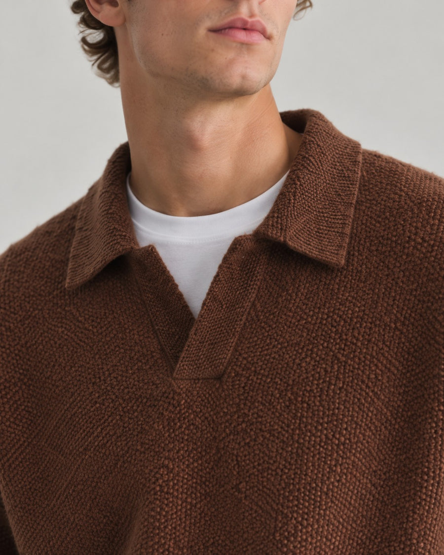 Sableau Open-Collar Knit Polo in Brown