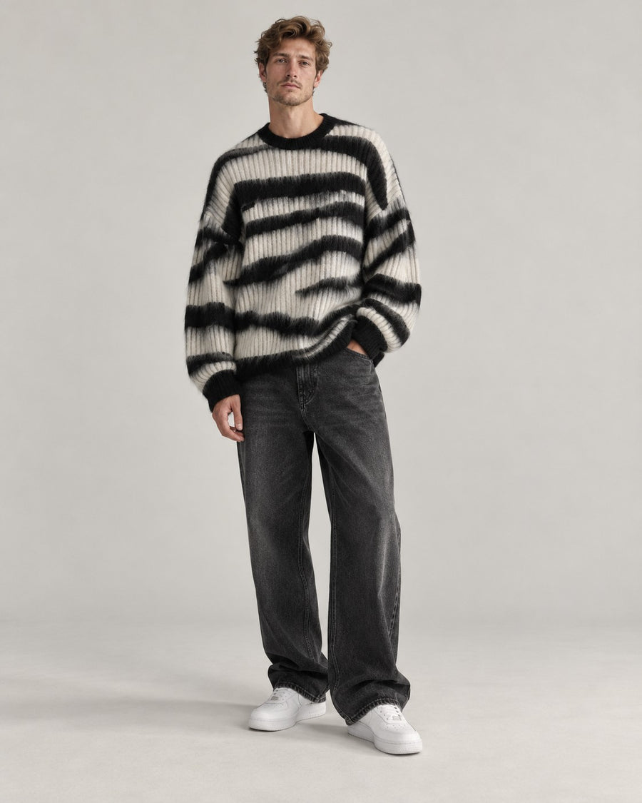 Sableau Zebra-Stripe Mohair-Look Crew in Black Stripe