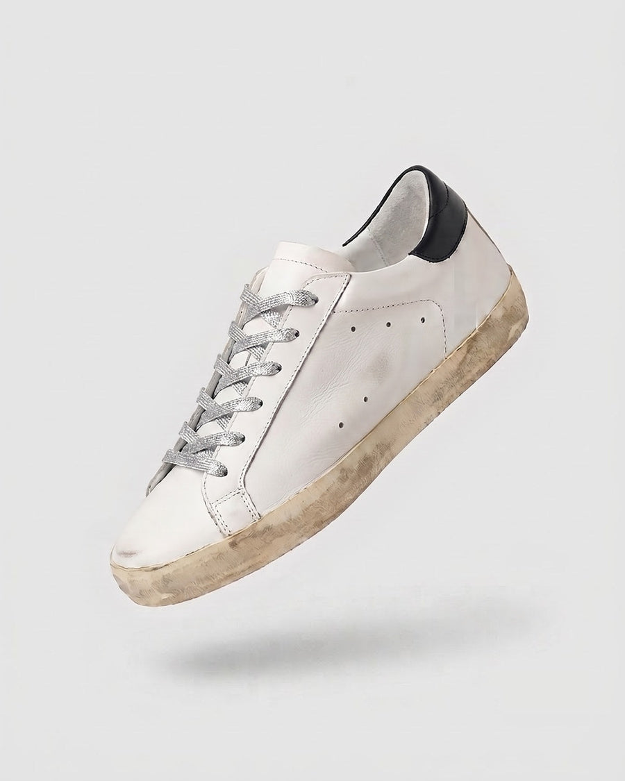 Sableau Star Sneakers in Silver Sparkle — white leather, black heel tab, silver glitter laces