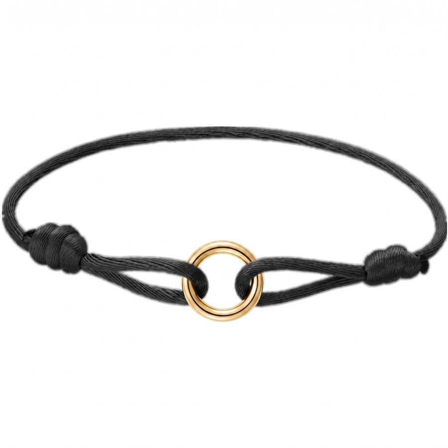 Sableau Trio Cord Bracelet in black, three-tone steel rings on an adjustable cord