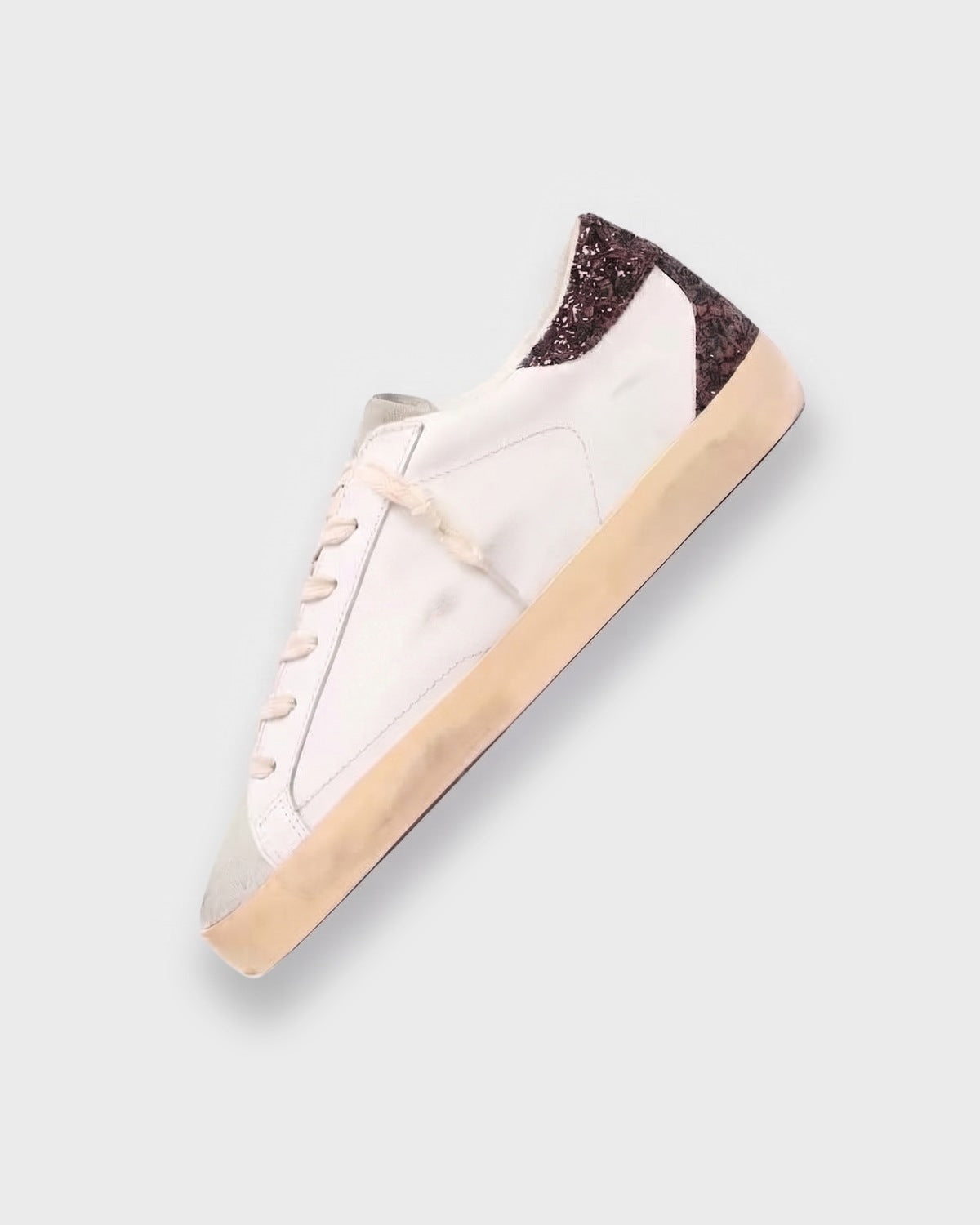 Sableau Glitter Star Sneakers in Silver — white leather, plum glitter heel tab, silver glitter star