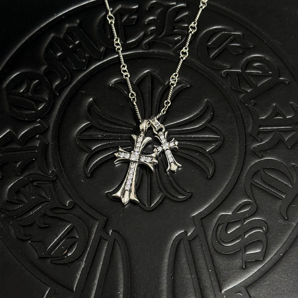 Sableau Double Cross Necklace — Bamboo Chain / Vintage White Diamond