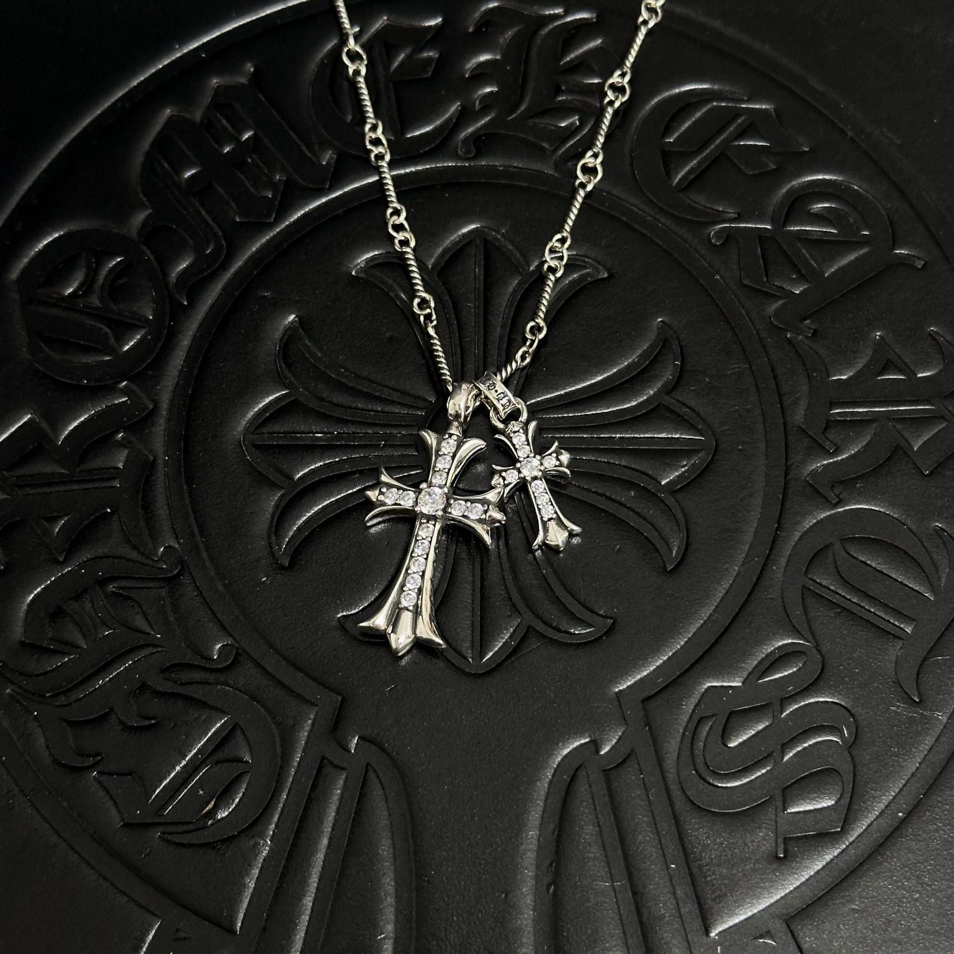 Sableau Double Cross Necklace — Bamboo Chain / Vintage White Diamond
