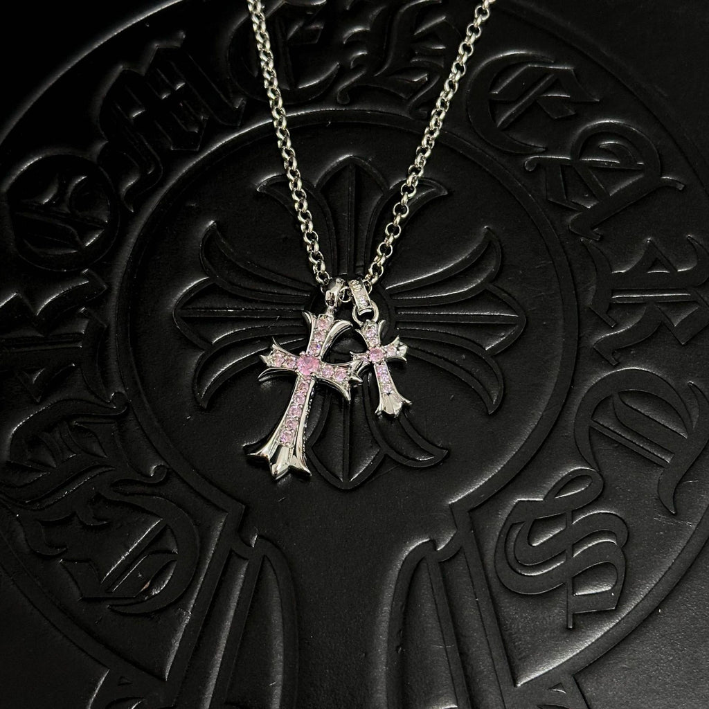 Sableau Double Cross Necklace — Pearl Chain / Silver Light Pink Diamond